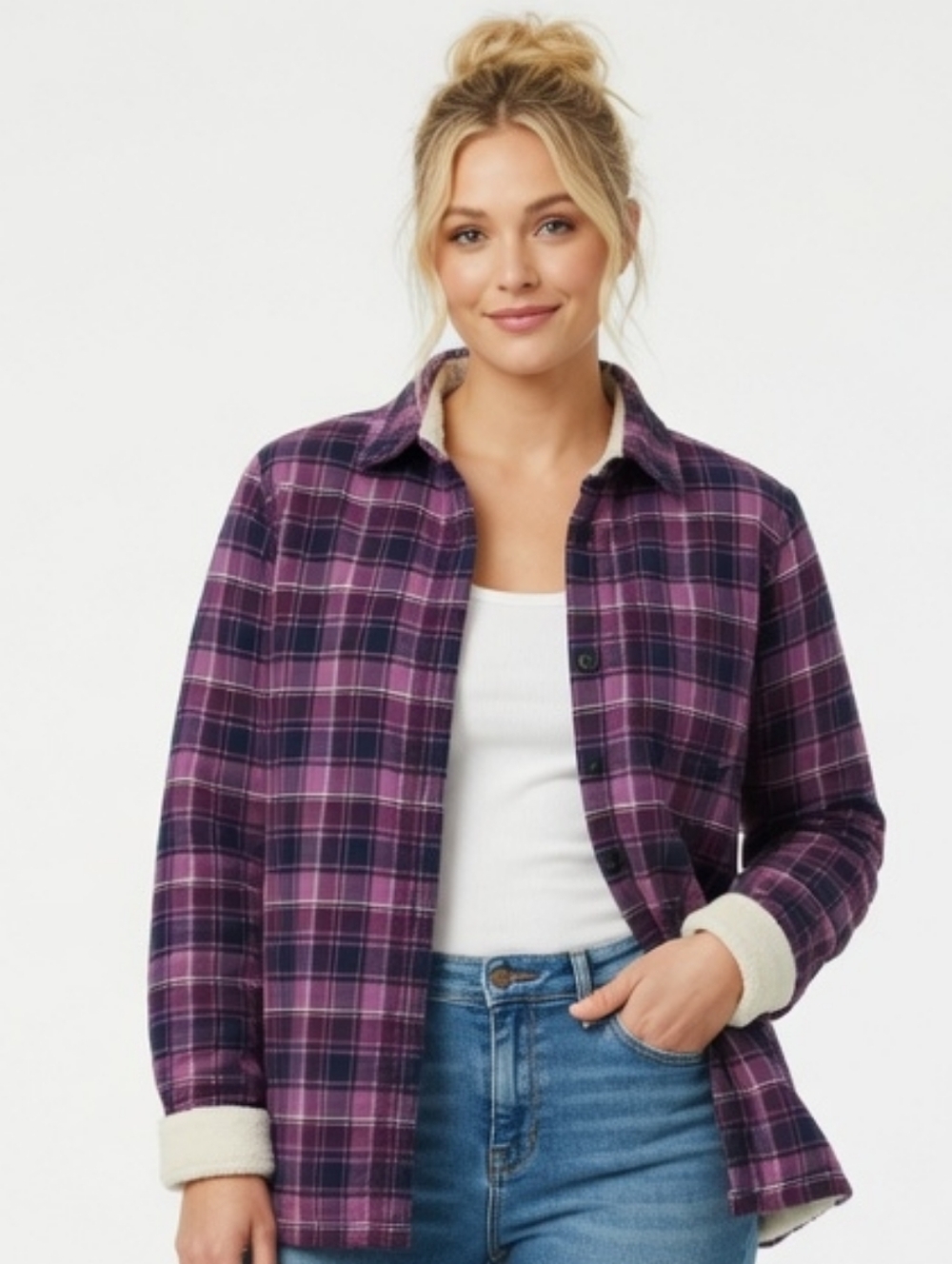 L.L. Bean Purple Plaid Fleece Lined Flannel (Size: Small )
